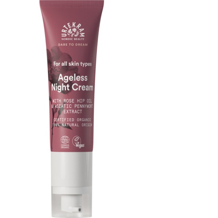 Urtekram Ageless Night Cream 50ml nattkrem med nypeolje i en støvrosa tube med hvit pumpe og blomstermotiv