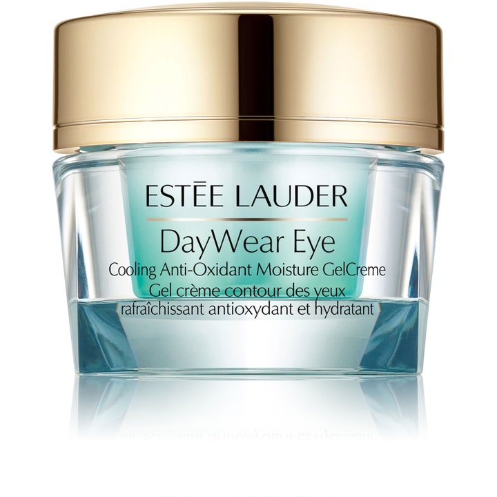 Estée Lauder DayWear Eye 15 ml kjølende øyekrem i lyseblå glasskrukke med elegant gulllokk