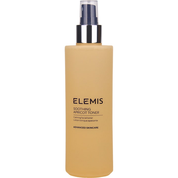 Elemis Soothing Apricot Toner beroligende ansiktstoner i en ferskenfarget flaske med sølvfarget spraypumpe