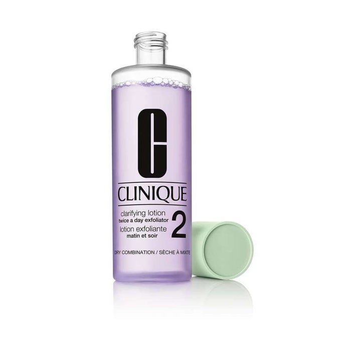 Clinique T-zon Balance 325 ml toner som eksfolierer huden i klar flaske med lilla væske og lysegrønn kork