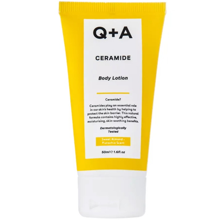 Q+A Ceramide Body Lotion 50ml fuktighetsgivende kroppslotion i gul tube med hvit etikett og hvitt lokk