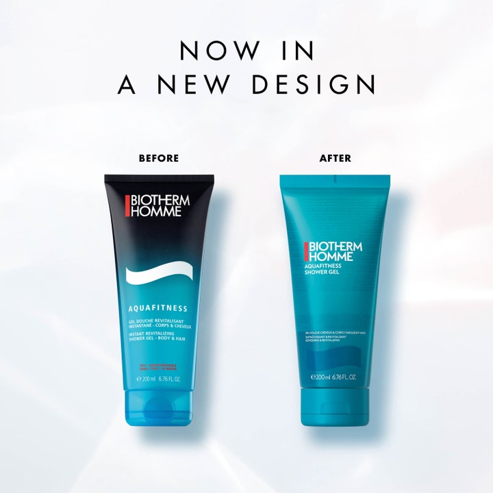 Biotherm Homme Aquafitness 200 ml oppfriskende dusjsåpe i tube som viser både gammelt og nytt turkis design.