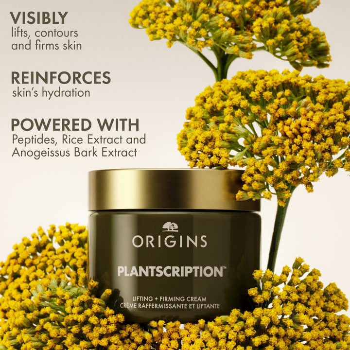 Origins Plantscription Powerful Lifting Face Cream 50 ml oppstrammende ansiktskrem i grønn krukke med gullokk og gule blomster