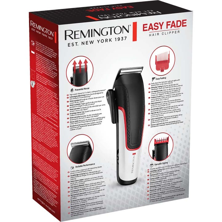 Remington Easy Fade Hair Clipper 1 stk hårklipper i hvit og rød emballasje med bilde av maskinen.