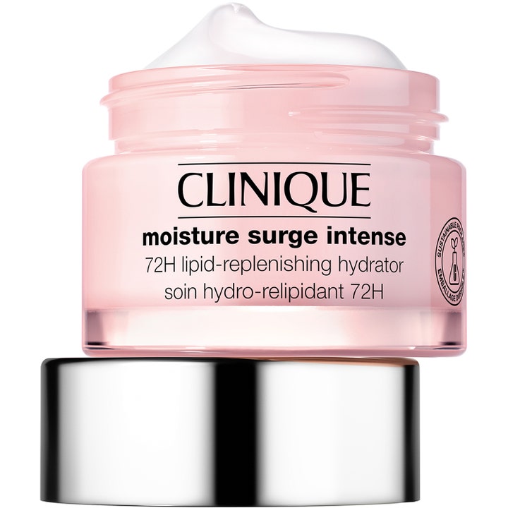 Clinique Moisture Surge Intense 30 ml ansiktskrem gir intens fuktighet i åpen rosa krukke med hvit krem og sølvlokk