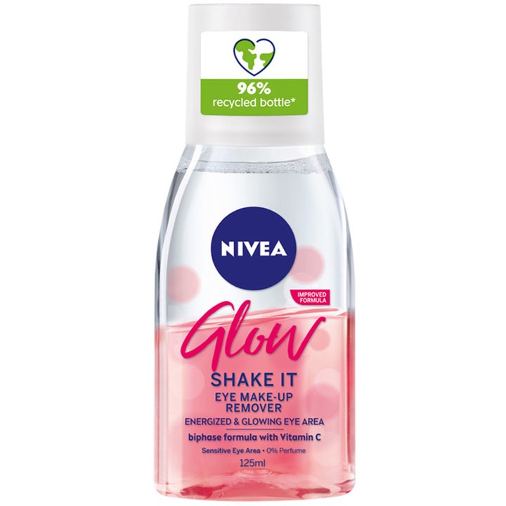 Nivea Glow Shake It 125ml to-fase sminkefjerner med Vitamin C gir glød i klar flaske med rosa og gjennomsiktig væske.