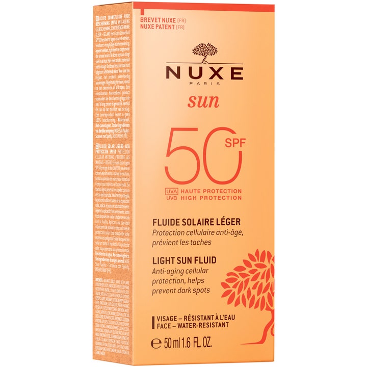 Nuxe Sun Fluid 50 ml solkrem i oransje eske gir SPF 50 og anti-aging beskyttelse som motvirker mørke flekker.