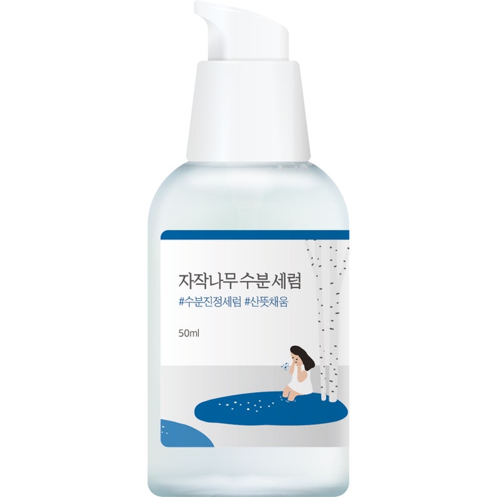 Round Lab Birch Juice Moisturizing Serum 50ml fuktserum som gir glød i klar pumpeflaske med illustrasjon av bjørk