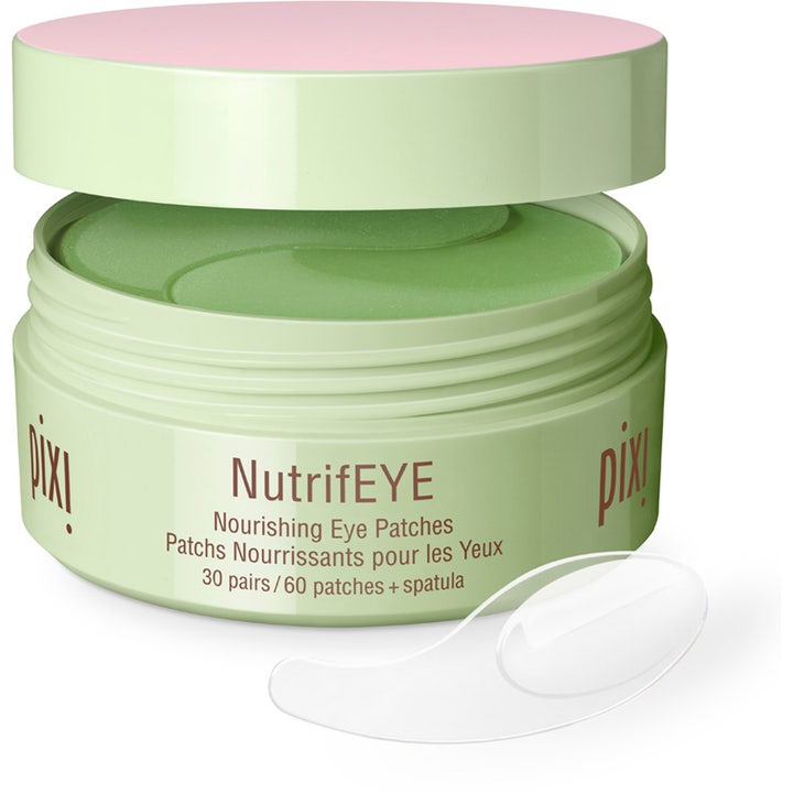 Pixi NutrifEYE 30 par nærende øyemasker i lysegrønn krukke med rosa lokk og en gjennomsiktig spatel