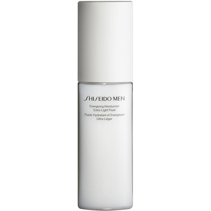 Shiseido Men Energizing Moisturizer Extra Light Fluid energigivende ansiktskrem i hvit sylindrisk flaske med hvitt lokk.