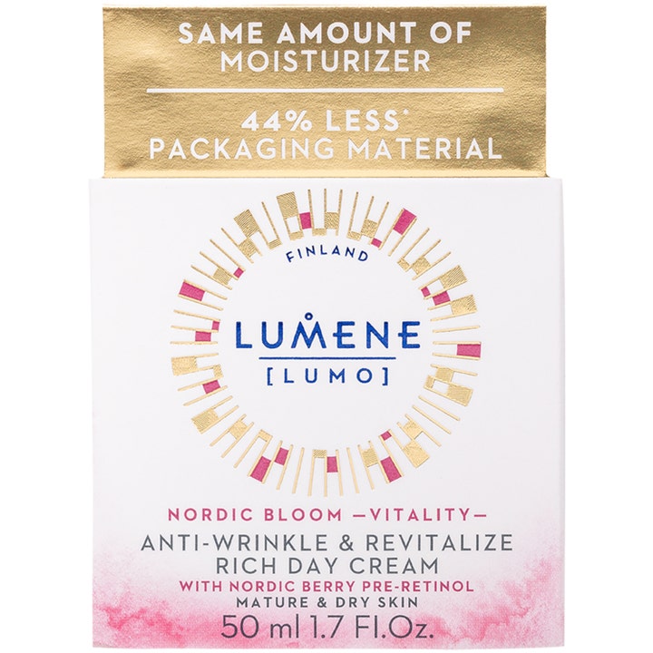 Lumene Nordic Bloom Vitality Day Cream 50 ml i hvit eske med gulldetaljer som reduserer rynker.