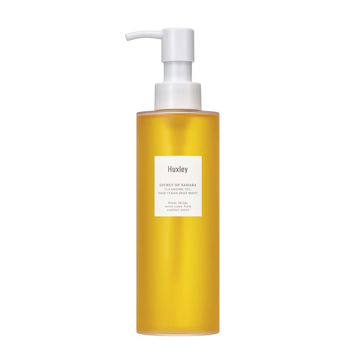 Huxley Secret of Sahara Cleansing Oil Deep Clean Deep Moist fuktighetsgivende renseolje i gjennomsiktig flaske med hvit pumpe