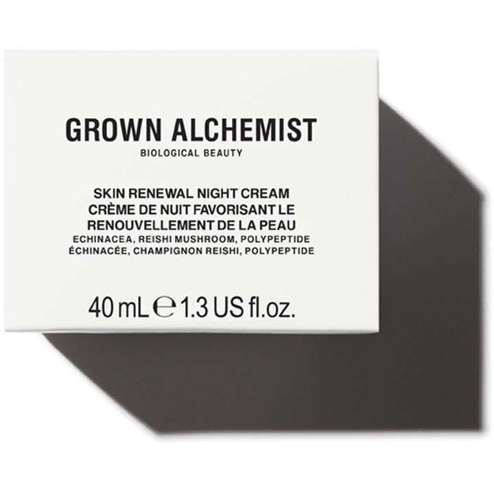 Grown Alchemist Skin Renewal Night Cream 40 ml nattkrem i hvit eske med tekst om echinacea og reishi