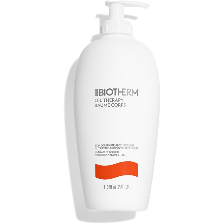 Biotherm Oil Therapy Baume Corps 400ml fuktighetsgivende kroppskrem i hvit pumpeflaske med oransje detalj