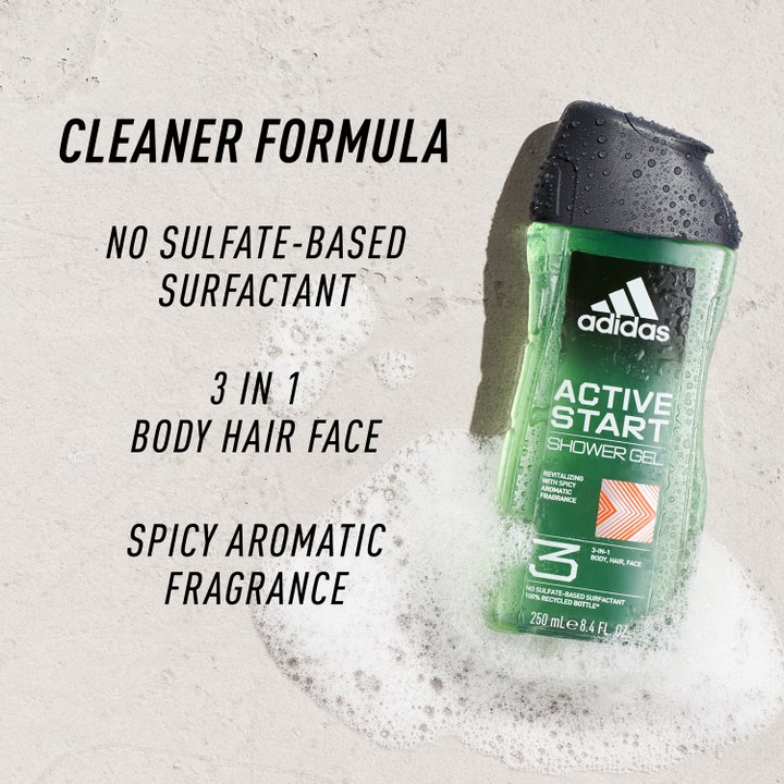Adidas Active Start 250 ml 3-i-1 dusjsåpe i grønn flaske med hvitt skum og tekst om renere formel.