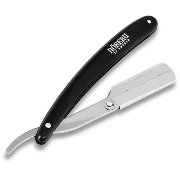 Nõberu Cut Throat Razor barberkniv for presis barbering med svart håndtak og sølvfarget bladholder i åpen posisjon.