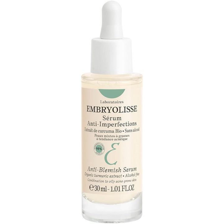 Embryolisse Anti-Blemish Serum 30 ml mot urenheter i glassflaske med hvit pipette og gurkemeieekstrakt.