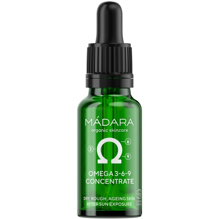 Mádara Omega 3-6-9 Concentrate 17,5 ml beroligende ansiktsolje for tørr hud i grønn glassflaske med svart pipette