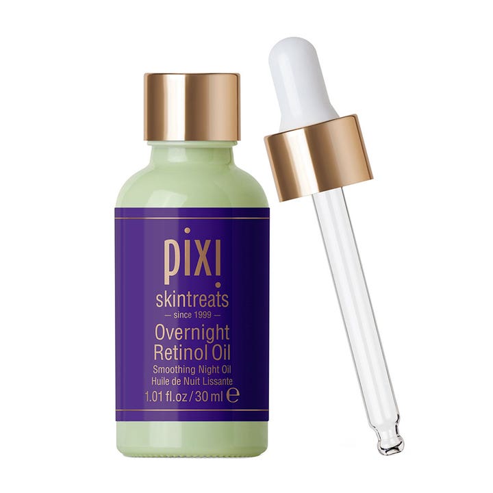Pixi Overnight Retinol Oil 30 ml utglattende nattolje i grønn glassflaske med lilla etikett og pipette
