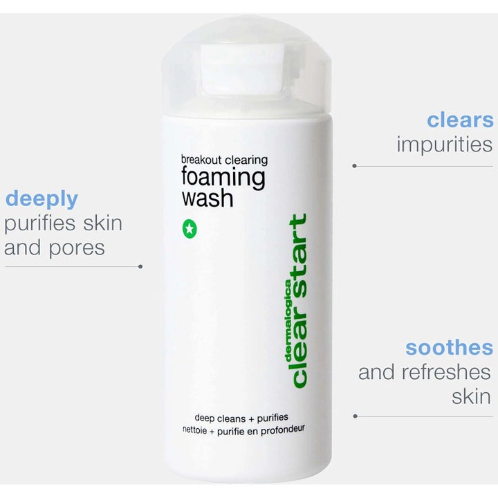 Dermalogica Clear Start Foaming Wash ansiktsrens som renser porer i hvit flaske med grønn tekst og klar kork