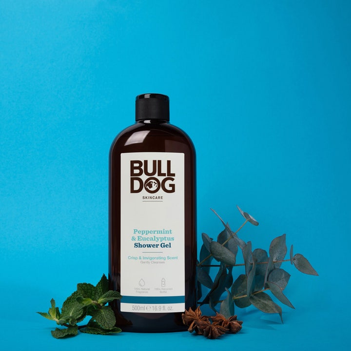 Bulldog Peppermint & Eucalyptus Shower Gel 500 ml oppfriskende dusjsåpe i brun flaske med fersk mynte og eukalyptus.