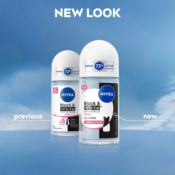 NIVEA Black & White Original Roll On 50 ml deodorant mot merker vist med kvinne med løftet arm og tekst om alkoholfri.
