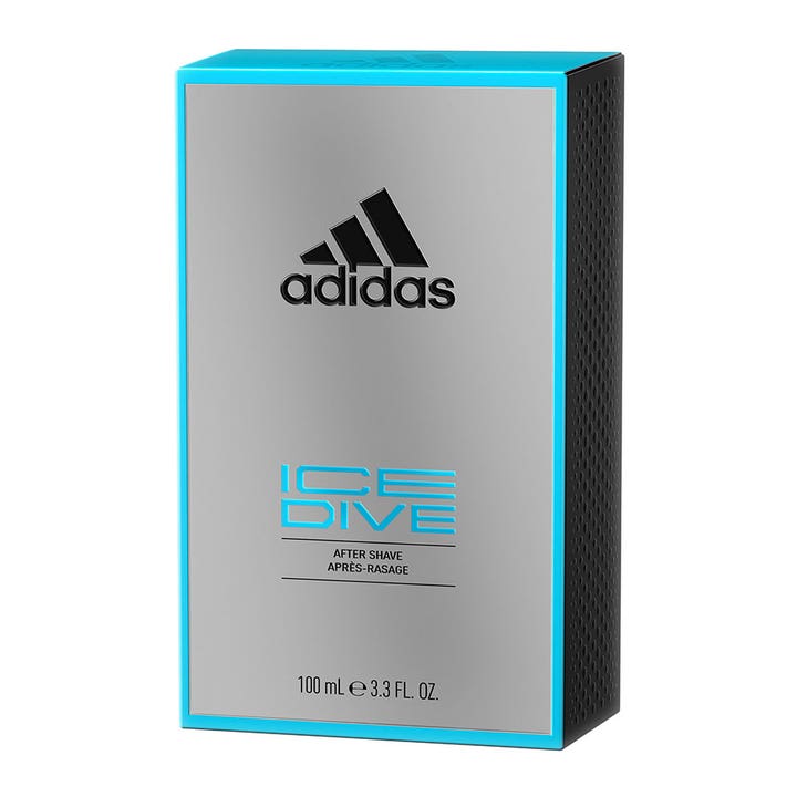 Adidas Ice Dive For Him 100 ml forfriskende aftershave i en sølvfarget eske med blå detaljer og svart logo.