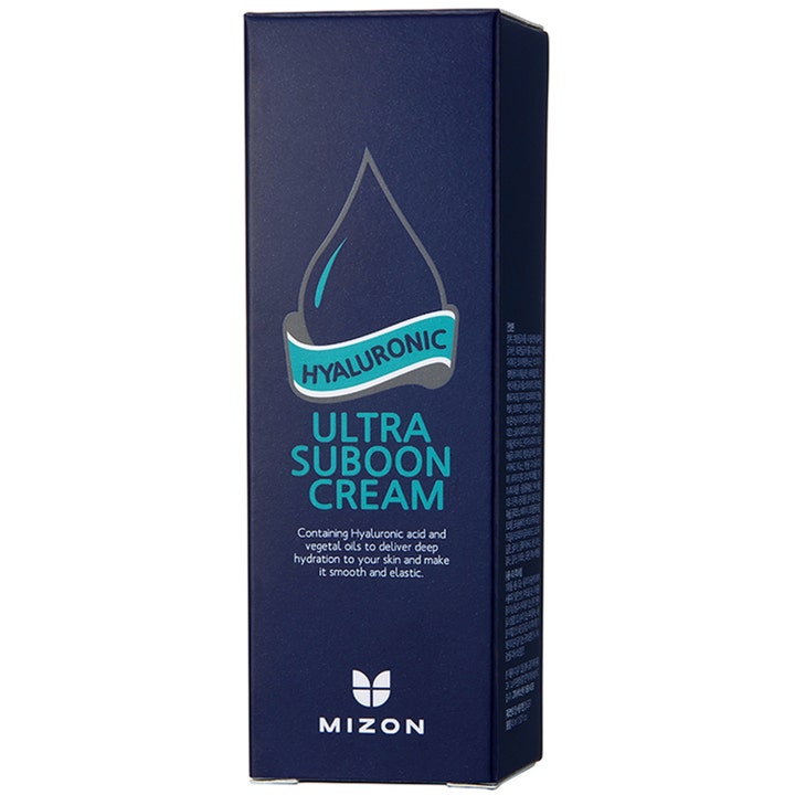 Mizon Hyaluronic Ultra Suboon Cream 45 ml fuktighetsgivende ansiktskrem i en mørkeblå eske med stor vanndråpe
