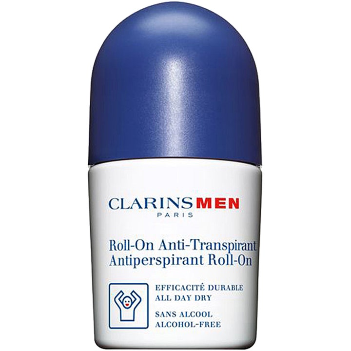 Clarins Men Antiperspirant Roll-On 50ml alkoholfri deodorant mot svette i hvit beholder med stort blått lokk.
