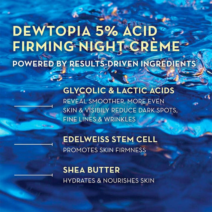 Ole Henriksen Dewtopia 5% Acid Firming Night Crème 50 ml nattkrem med glykolsyre over blått vann