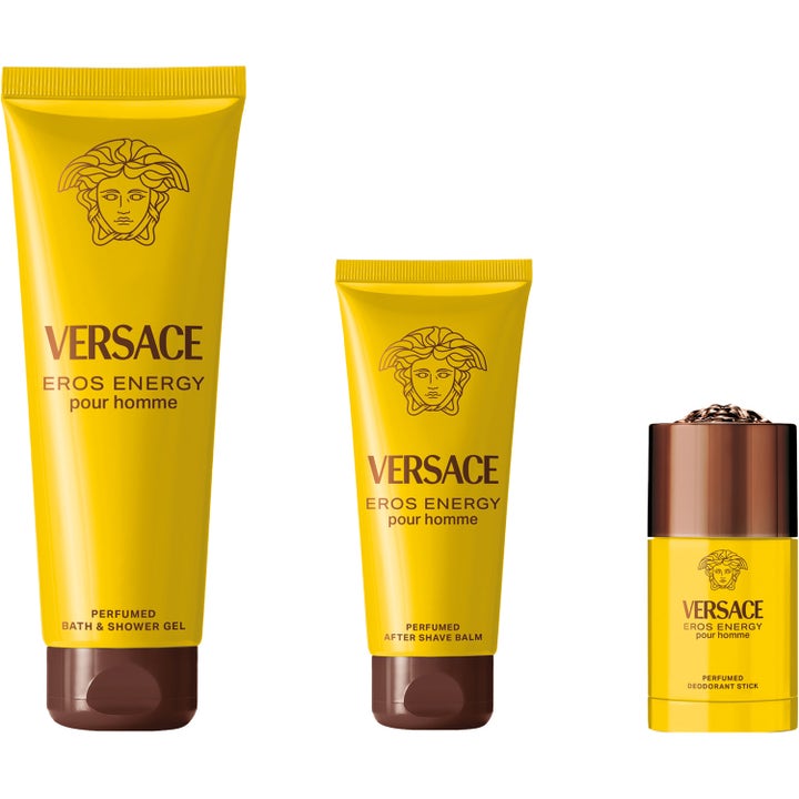 Versace Eros Energy After Shave Balm 100 ml i gul tube sammen med dusjgelé og deodorant stift