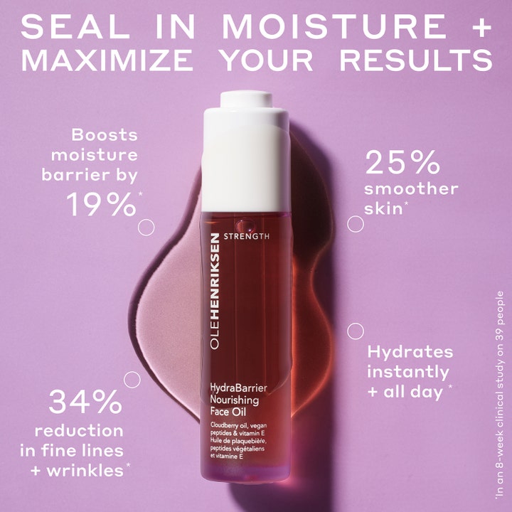 Ole Henriksen Strength Facial Oil 30 ml ansiktsolje i lilla glassflaske som gir 25 prosent glattere hud.