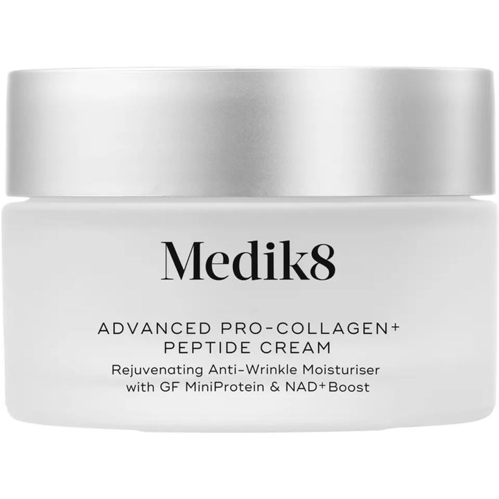 Medik8 Advanced Pro-Collagen+ Peptide Cream 50ml antialdrende ansiktskrem i hvit krukke med sølvlokk