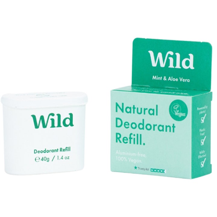 Wild Natural Deodorant Refill Mint & Aloe Vera 40g aluminiumsfri deodorant i hvit beholder og mintgrønn pappeske