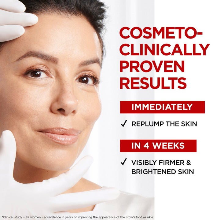 L'Oréal Paris Revitalift Laser 80 ml hudpleie med tekst om klinisk beviste resultater for fastere og klarere hud.