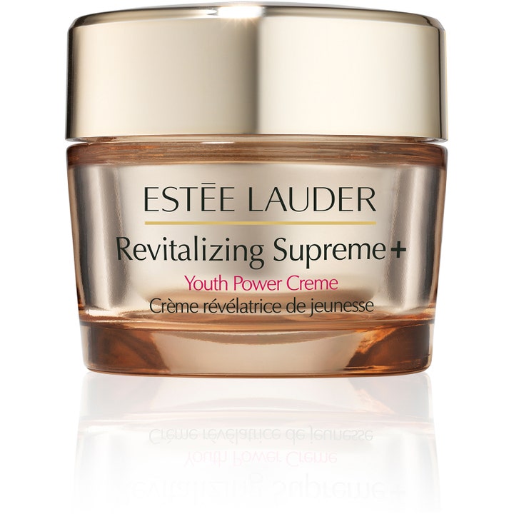 Estée Lauder Revitalizing Supreme+ Youth Power Creme oppstrammende ansiktskrem i en gyllen glasskrukke med gullokk