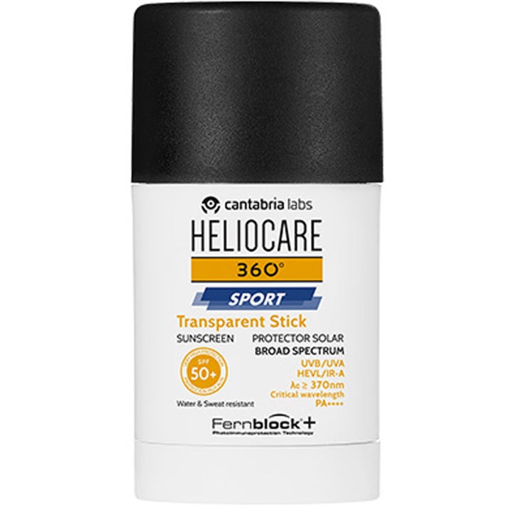 Heliocare 360 Sport Transparent Stick SPF 50+ vannfast solstift i hvit beholder med sort kork og oransje detaljer.