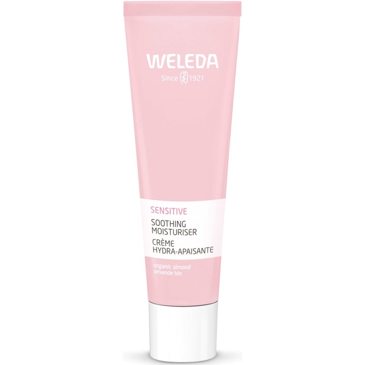 Weleda Sensitive Soothing Moisturiser 30ml beroligende ansiktskrem i en lyserosa tube med hvitt skrulokk.