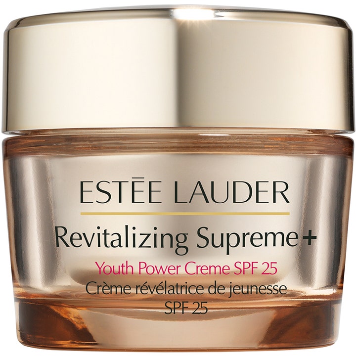 Estée Lauder Revitalizing Supreme+ Youth Power Creme SPF 25 ansiktskrem i gyllen glasskrukke med gullokk.