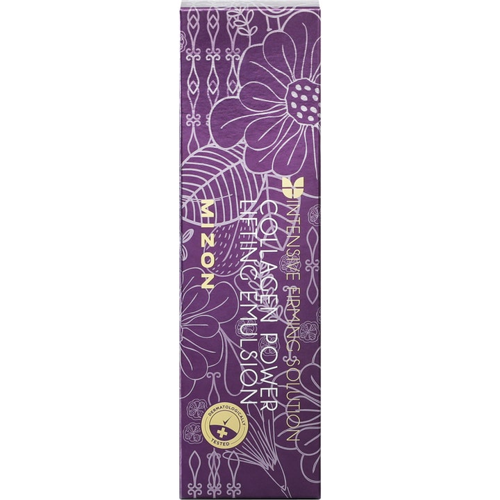 Mizon Collagen Power Lifting Emulsion 120 ml oppstrammende ansiktsserum i lilla eske med hvitt blomstermønster