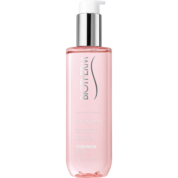 Biotherm Biosource 200 ml fuktighetsgivende ansiktsvann i en gjennomsiktig rosa flaske med sølvfarget pumpe.