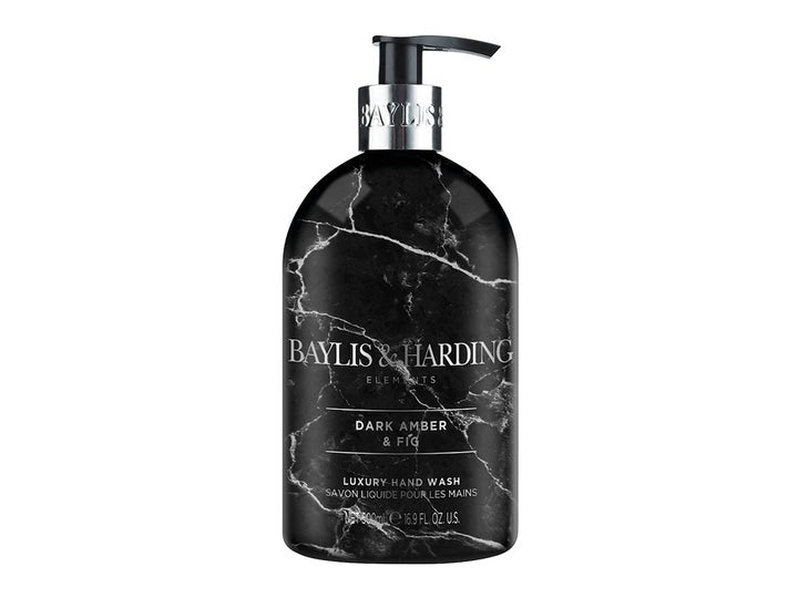 Baylis & Harding Elements Dark Amber & Fig 500ml luksuriøs håndsåpe i svart marmormønstret flaske med sølvpumpe