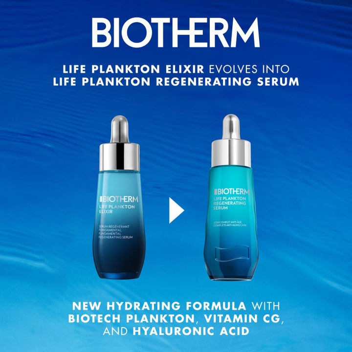 Biotherm Cleanse Calm og Care Life Plankton Regenerating Serum med hyaluronsyre og vitamin CG i blå glassflasker