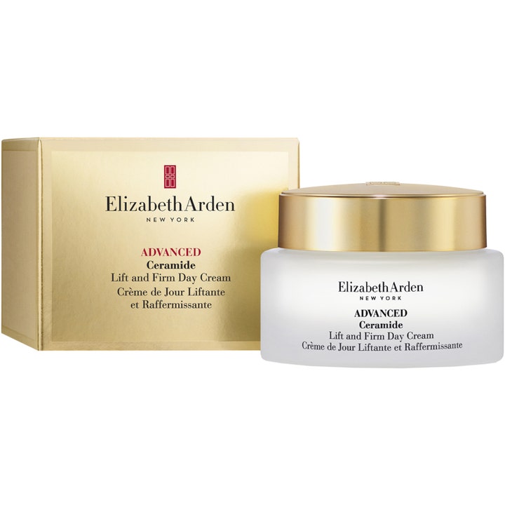 Elizabeth Arden Ceramide Lift & Firm Advanced Day Cream 50 ml i frostet glasskrukke med gullfarget eske.