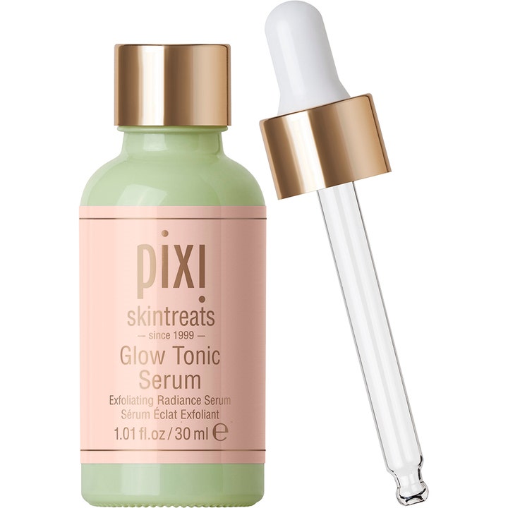 Pixi Glow Tonic Serum 30 ml eksfolierende serum for glød i grønn flaske med ferskenfarget etikett og glasspipette