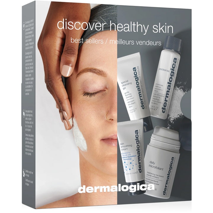 Dermalogica Discover Healthy Skin Kit hudpleiesett som gir glød med fire bestselgere i hvit og grå emballasje