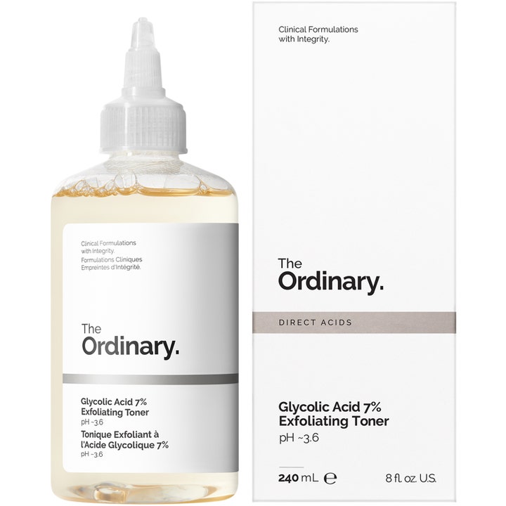 The Ordinary Glycolic Acid 7% Exfoliating Toner 240 ml eksfolierende toner i klar flaske med hvit eske