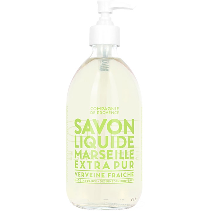 Compagnie de Provence Savon Liquide Marseille Extra Pur Verveine Fraiche 500 ml flytende såpe i klar flaske med hvit pumpe