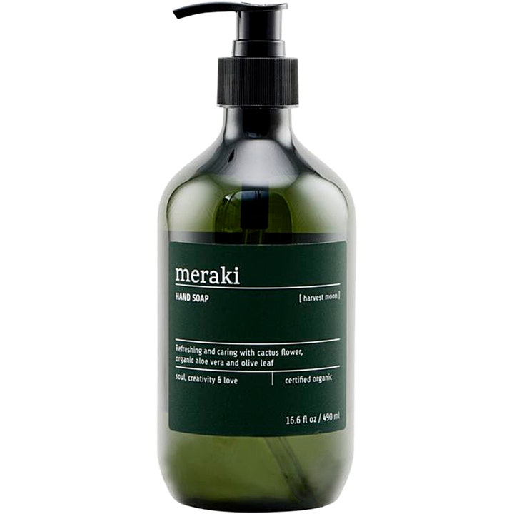 Meraki Harvest Moon 490 ml pleiende håndsåpe i mørkegrønn flaske med sort pumpe for fuktighet.