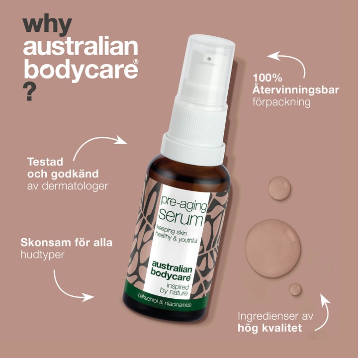 Australian Bodycare Pre-anti Age Serum 30 ml ansiktsserum med bakuchiol og niacinamid i brun glassflaske med hvit pumpe